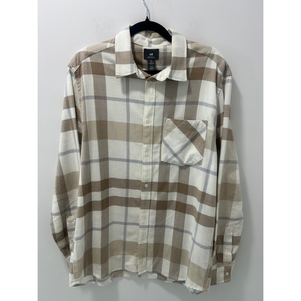 HM Mens Regular Fit Plaid Flannel Shirt Tan White Grey Cotton Size L Long Sleeve